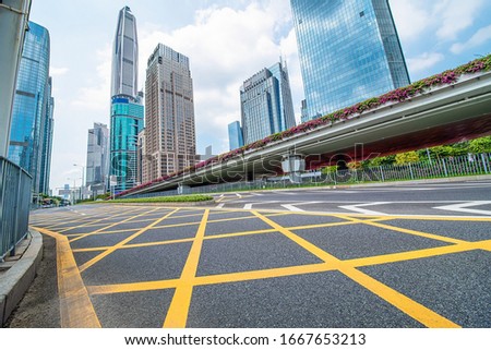 CBD buildings and empty pavement in Shenzhen City, Guangdong Province, China