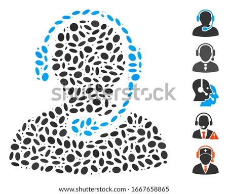 Dot Mosaic based on call center worker. Mosaic vector call center worker is formed with scattered elliptic elements. Bonus icons are added.