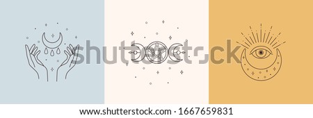 Mystic boho logo, design elements with moon, hands, star, eye. Vector magic symbols isolated on white background Royalty-Free Stock Photo #1667659831