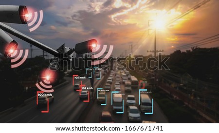 Concept digital technology 4.0,wireless network 5G signal,CCTV  camera intelligent of artificial intelligence systems, to monitor road safety and memorize driver's driving behavior and illegal traffic