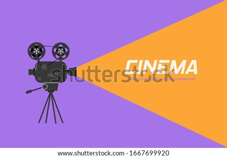 Cinema projector on a tripod. Hand-drawn sketch of an old cinema projector in monochrome isolated on color background. Template for banner, flyer or poster. Vector illustration, EPS 10.