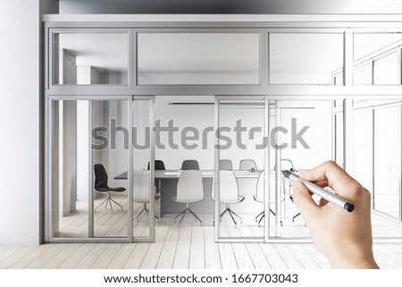 Hand drawing meeting room interior with blank white wall. Workplace and corporate concept. 3D Rendering