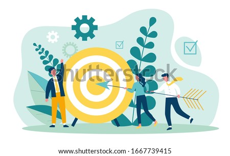 Businesspeople driving arrow to goal. Successful professional team hitting target. Vector illustration for challenge, aim, achievement, teamwork, business, marketing concept Royalty-Free Stock Photo #1667739415