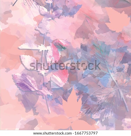 Creative floral background with wild plants, leaves,  and hand painted textures. Romantic graphic botanical design for banner, poster, postcard, cover, invitation, placard, brochure or a web header.