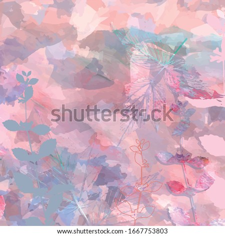 Creative floral background with wild plants, leaves,  and hand painted textures. Romantic graphic botanical design for banner, poster, postcard, cover, invitation, placard, brochure or a web header.