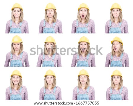 Mosaic of expressions of young woman with yellow protective helmet