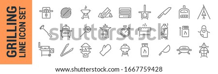 Grilling vector isolated line icon set. BBQ barbecue grill. Collection Royalty-Free Stock Photo #1667759428