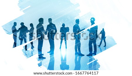 Communication and teamwork concept. Silhouettes of diverse business people with double exposure of abstract cityscape. Toned image