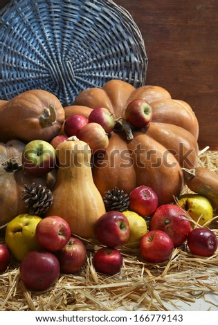 Autumn composition of fruits and pumpkins on straw on wooden background