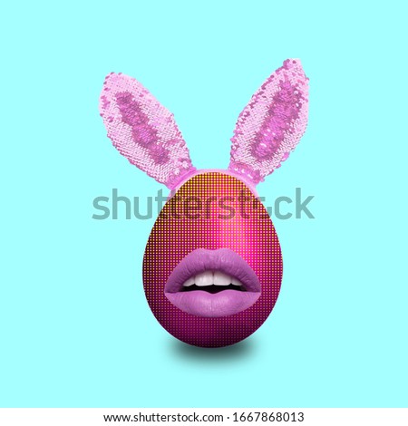 Easter egg art. Concept egg with lips and bunny ears on blue background.