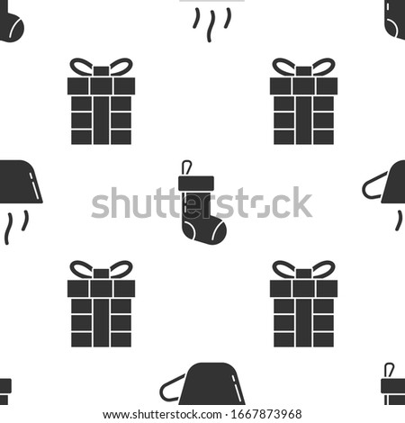 Set Coffee cup, Christmas stocking and Gift box on seamless pattern. Vector