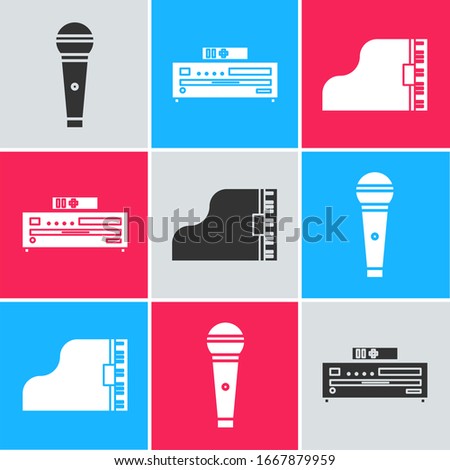 Set Microphone, Music CD player and Grand piano icon. Vector