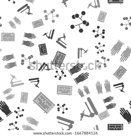 Set Molecule, Microscope, Rubber gloves and Computer monitor with cardiogram on seamless pattern. Vector