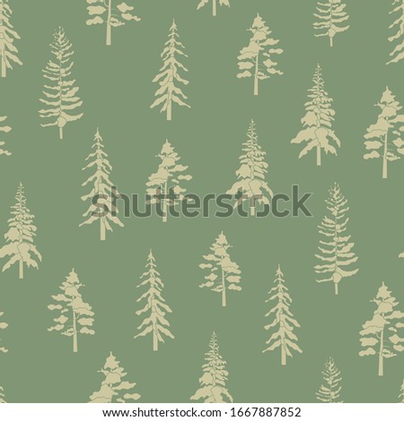 Vector Gold Tree Silhouettes on Green Background Seamless Repeat Pattern. Background for textile, book covers, manufacturing, wallpapers, print, gift wrap and scrapbooking.