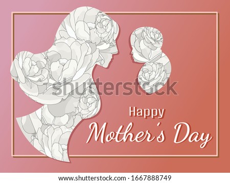 Happy mother's day poster or banner with mother and baby shape with rose flower pattern on red.
