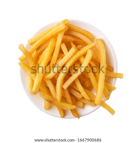 French fries in a plate isolated on white background, top view. Royalty-Free Stock Photo #1667900686