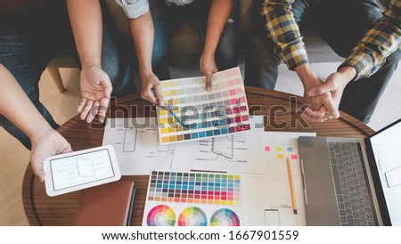 Creative Team Meeting to Discuss the Terms of Use of Original Product Colors for Product Design in Coworking Space, Teamwork modern Cooperation concept