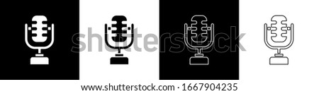 Set Microphone icon isolated on black and white background. On air radio mic microphone. Speaker sign.  Vector Illustration