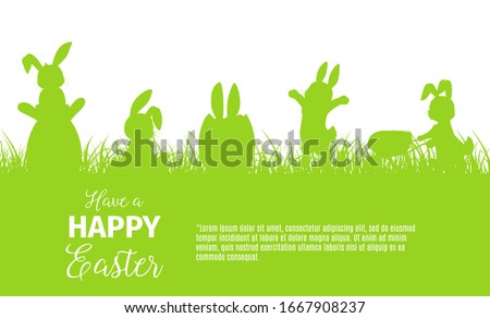 Easter egg hunt bunny or rabbit vector silhouettes of religion holiday design. Hare animals hunting for Easter eggs in spring green grass with basket and wheelbarrow, egghunting party invitation Royalty-Free Stock Photo #1667908237