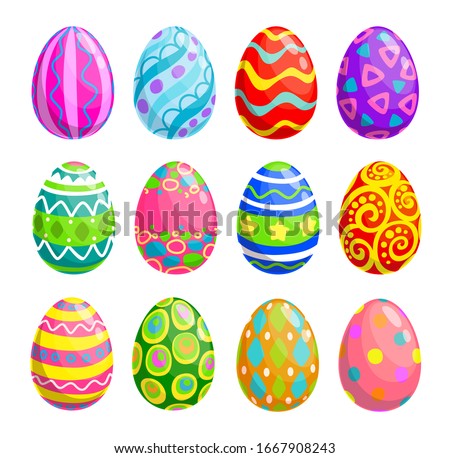 Easter holiday egg vector icons. Spring religion holiday or egghunting decoration isolated objects with painted pattern and ornament of colorful stripes, circles and stars Royalty-Free Stock Photo #1667908243