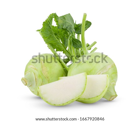 Fresh kohlrabi with green leaves on isolated white backround. full depth of field Royalty-Free Stock Photo #1667920846