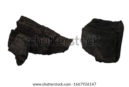 Set natural hard wood charcoal isolated on white background.
Group kindle a fire  traditional charcoal wooden branch.