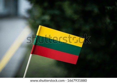 Lithuanian paper flag,  city background in a blur
