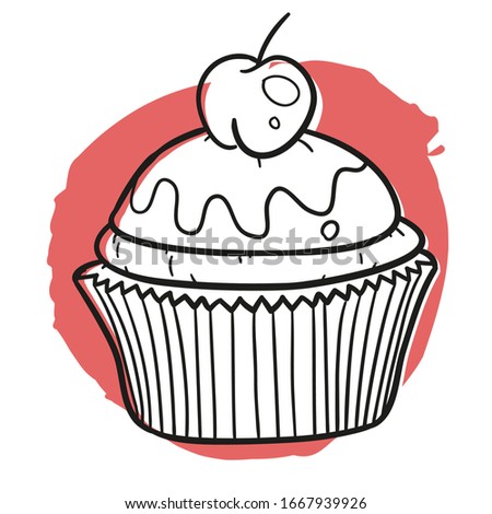 Cupcake Cherry Sweet Traditional Doodle. Icons Sketch Hand Made. Design Vector Line Art.