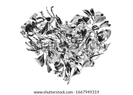 Silver heart made of flower petals on white background isolated close up, decorative grey shiny metal heart shape ornament, art floral leaves pattern, gray metallic foliage design element, love sign