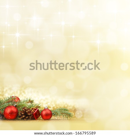 New year card with fir branch and decoration on shiny stars background