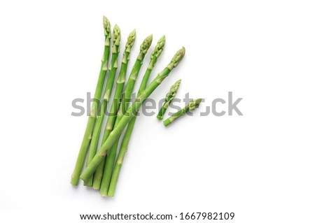Isolated green fresh sliced asparagus. Top view.  Royalty-Free Stock Photo #1667982109