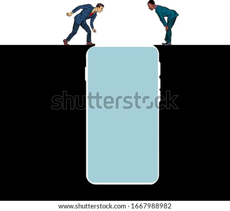 smartphone gadget Internet addiction. People on the edge of a precipice. Pit silhouette. Pop art retro vector illustration 50s 60s style