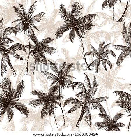 Tropical pattern with sketchy vintage palm trees. Hand drawn vector illustration.