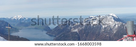 Super Panorama Picture from the Mountain Stoos in the canton Schwyz, Switzerland of Multiple famous Swiss Mountain chains and valley villages. High Resolution, large Pixel