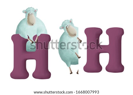 Cute little sheep with letter "H" on white background. Learn alphabet clip art collection on white background