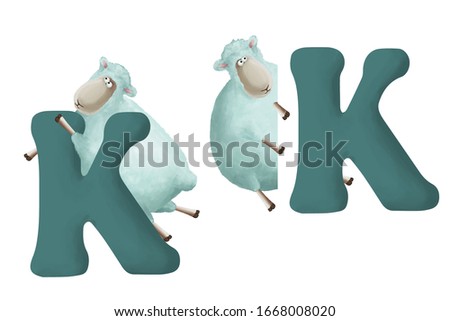 Cute little sheep with letter "K" on white background. Learn alphabet clip art collection on white background