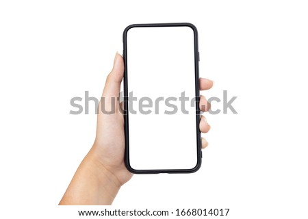 Hand young woman holding mobile smartphone with blank screen isolated on white background with clipping path Royalty-Free Stock Photo #1668014017