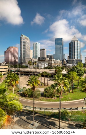 Downtown city skyline view of Tampa Florida USA looking over the freeway and the Riverwalk