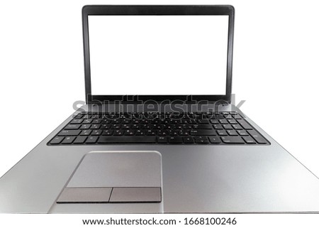 Low angle view of a laptop with blank screen isolated on white background