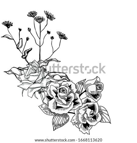 Flower arrangement, decoration, roses and wildflowers, monochrome
