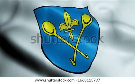 3D Illustration of a waving coat of arms flag of Loffingen (Germany country)