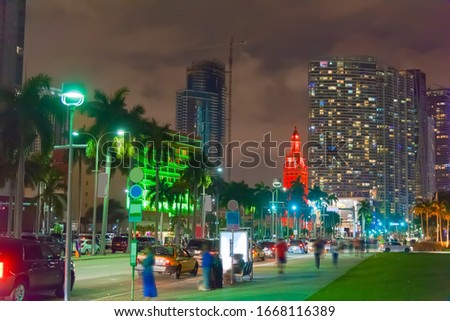 Downtown Miami under a cloudy sky at night. Florida, USA