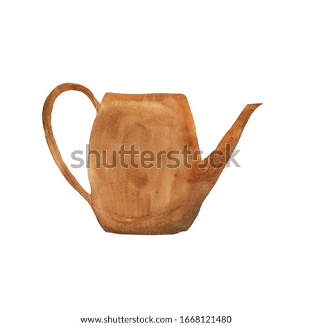 Ceramic teapot isolated on white background. Watercolor hand drawing illustration of brown teapot or kettle. Nice tableware for design, tea ceremony.