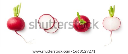 Set of fresh whole and sliced radishes isolated on white background. Top view Royalty-Free Stock Photo #1668129271