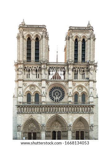 Notre Dame de Paris Cathedral isolated on white background. French Gothic architecture Royalty-Free Stock Photo #1668134053