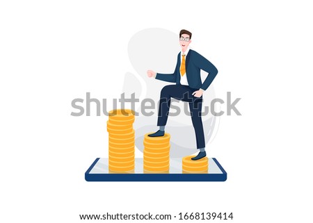 Businessman going up large coins displayed on phone concept illustration. 