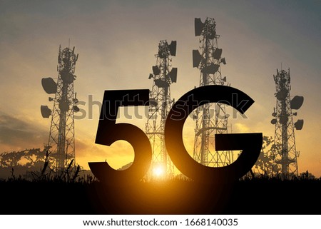 Silhouette of 5G smart mobile telephone radio network on the telecommunication mast radiating signal