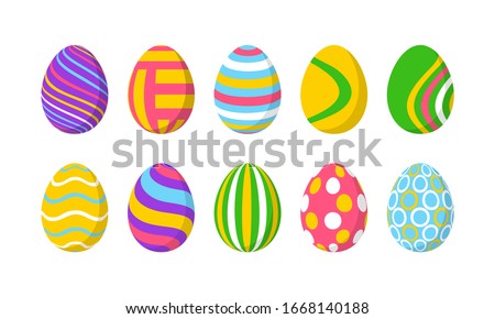 Set of 10 color Easter Eggs with pattern. Design elements for holiday cards. Easter collection with different texture. Cartoon flat style Vector illustration Royalty-Free Stock Photo #1668140188