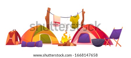 Camping equipment set. Tents, burning campfire, backpack, rolled sleeping bag, boiler, chair and clothing hanging on rope for drying isolated on white background. Hiking cartoon vector illustration