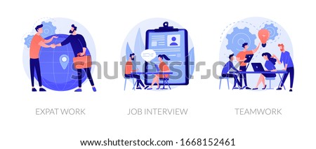 Employment stages icons set. Recruitment service searching candidates. Coworkers business meeting. Expat work, job interview, teamwork metaphors. Website web page template - concept metaphors. Royalty-Free Stock Photo #1668152461
